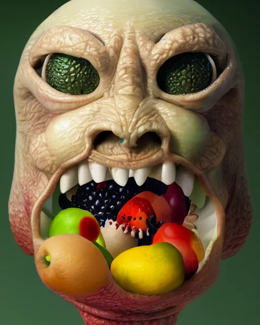 Image similar to a fruit figurine monster made of different fruit, very detailed eyes, very detailed mouth, concept art, oil painting, highly detailed, dramatic lighting, hyperrealistic, 8 k, artstation, cgsociety
