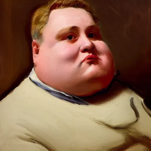 Prompt: highly detailed portrait of a grossly obese flamboyant man who is shaped like a pear artstation, 8 k, sfx, john singer sargent.