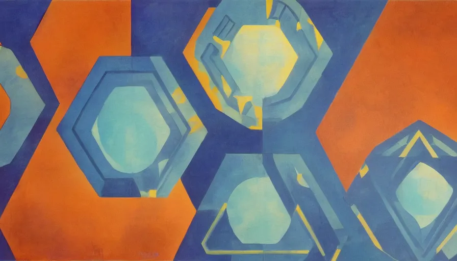 Image similar to hexagon shields, floating in space, blocking the sun, art deco painting
