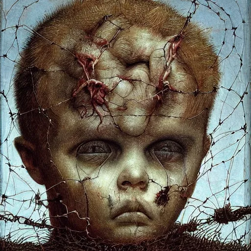 Prompt: a boy made of barbed wire looking into camera, screaming in pain, by giuseppe arcimboldo and ambrosius benson, renaissance, intricate and intense oil paint, a touch of beksinski and hr giger and edward munch, realistic