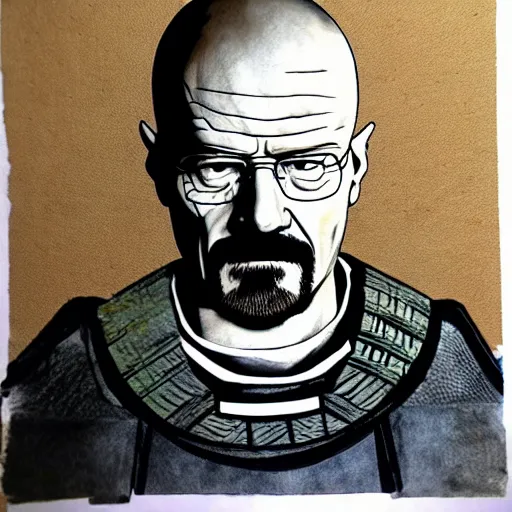 Image similar to walter white from breaking bad wearing samurai armor in feudal japan, 4 k, hyper realistic, ink block painting