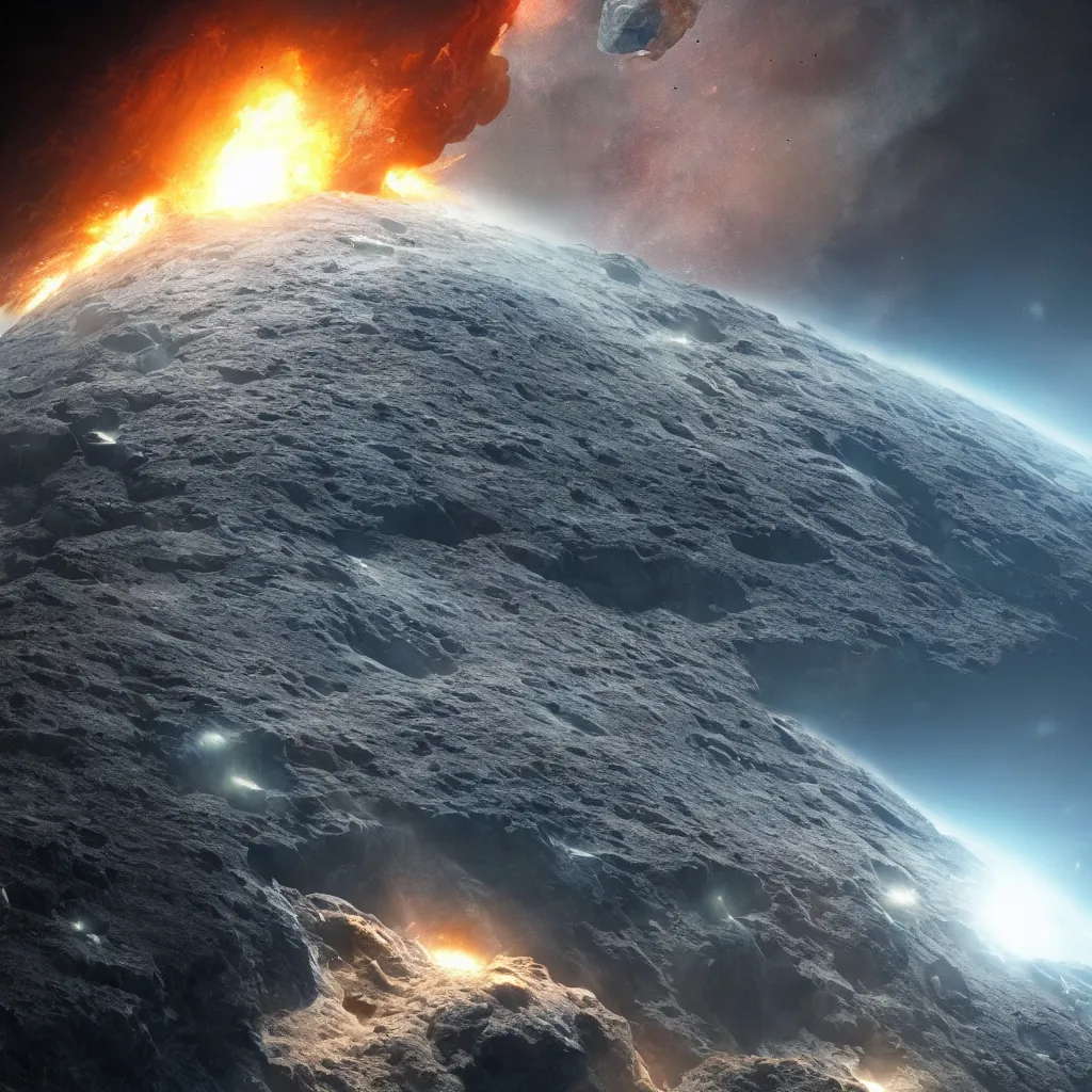 Image similar to the destruction of the earth by an asteroid as seen from a futuristic space station, trending on artstation, 4 k, ray tracing, stunning visuals, concept art, unreal engine, highly detailed, cinematic lighting, wide angle lens