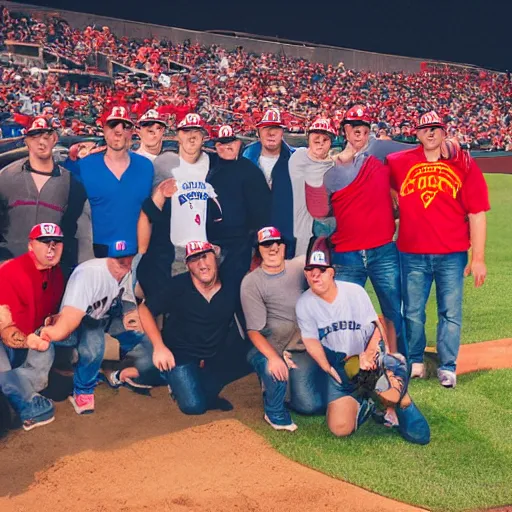 Image similar to bachelor party at baseball game. photography. realistic. fun.