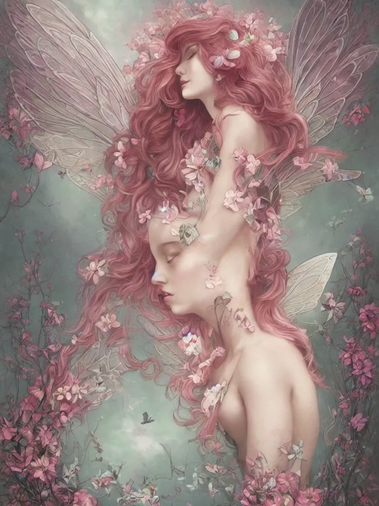 Image similar to symmetry!! a pink beautiful fairy with large wings and flowing hair is exploring her flower garden, style of tom bagshaw, extremely detailed, muted colors, negative space