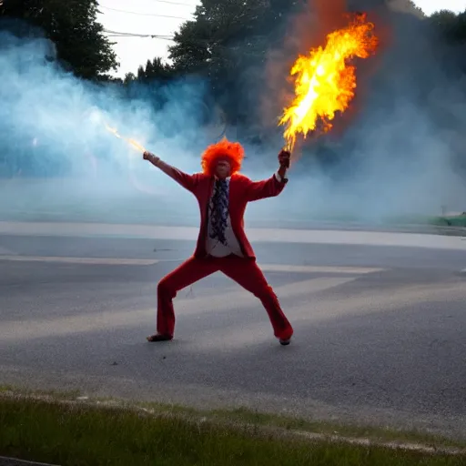 Image similar to photo of a clown using a flamethrower projecting a long bright flame towards a dumpster fire