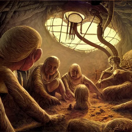 Prompt: primitive extraterrestrial villagers caring for severely injured butch blond woman at bedside, inside primitive hut, cinematic, worm's eye view, dramatic lighting, illustration, ron cobb, mike mignogna, science fiction, detailed painting, high detail, rough paper