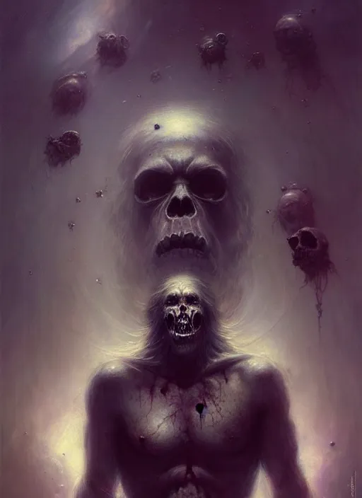 Image similar to shackled in the void of purgatory, frank frank frazetta and cgsociety, stunning sasquatch, charlie bowater and tom bagshaw, insanely detailed, deviantart, space art, atoms surrounded by skulls, death, and spirits deep water, blood splatters, horror, sci - fi, surrealist painting, by peter mohrbacher