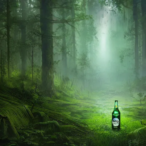 Image similar to a green eldritch coke bottle in an overgrown forest viewed from the sky by Marek Okon, god rays, fantasy art, 4k, HDR, photorealistic, 8k, trending on artstation