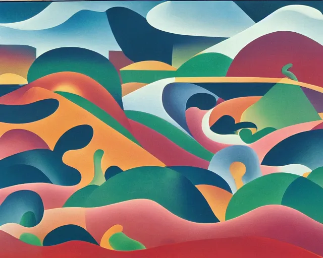 Image similar to An insane, modernist landscape painting. Wild energy patterns rippling in all directions. Curves, organic, zig-zags. Mountains. Clouds. Rushing water. Tarsila do Amaral.