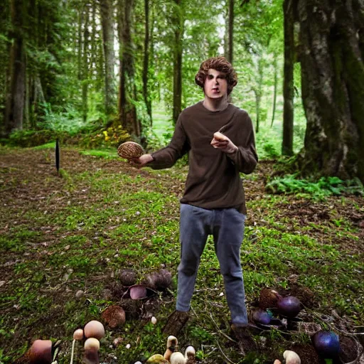 Prompt: Portrait of an young man gathering mushrooms with a haunted expression and a gaunt face. Deep shadows and highlights. f/2.8 ISO 1600. Shutter speed 1/60 sec. Lightroom.