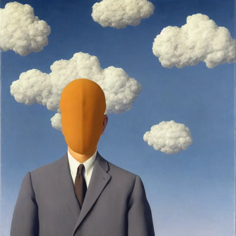 Image similar to portrait of a man whos head is hidden of clouds, by rene magritte, detailed painting, hd, hq, high resolution, high detail, 4 k, 8 k