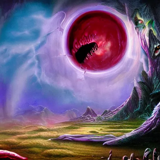 Prompt: Horrifying vampire in a beautiful dmt multiverse, Don Bluth matte painting, post-processing, fantasy , masterpiece , painting , vibrant colors