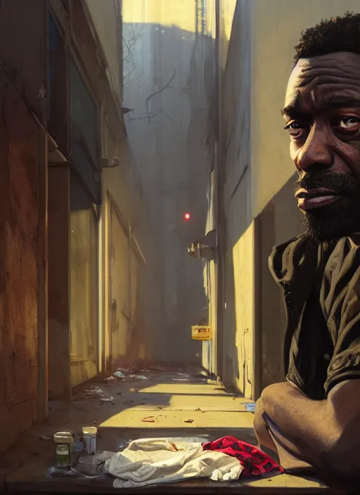 Image similar to Highly detailed portrait of homeless and beaten up Marques Brownlee, in GTA V, Stephen Bliss, unreal engine, fantasy art by Greg Rutkowski, Loish, Rhads, ferdinand knab, Makoto Shinkai and Lois van baarle, ilya kuvshinov, rossdraws, Tom Bagshaw, global illumination, radiant light, detailed and intricate environment