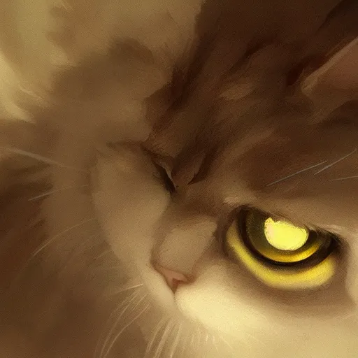 Image similar to close up of a cat's face, dramatic lighting, illustration by Greg rutkowski, yoji shinkawa, 4k, digital art, concept art, trending on artstation