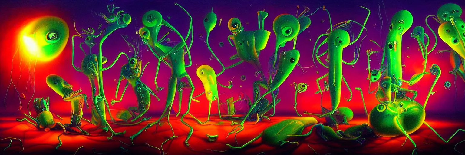 Prompt: strange plankton creatures from the depths of the collective unconscious, dramatic lighting, surreal darkly colorful painting by ronny khalil