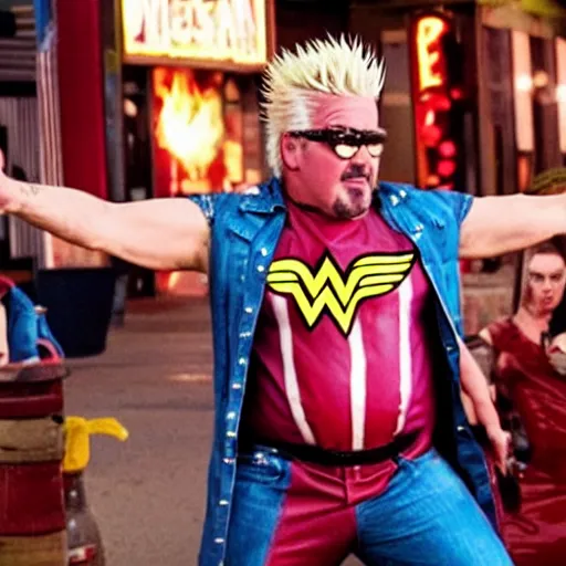 Prompt: Cinematic movie still of Flavortown Market, Wonder Woman cosplaying as Guy Fieri in Flavortown Market but it\'s actually Guy Fieri that\'s cosplaying as Gal Godot