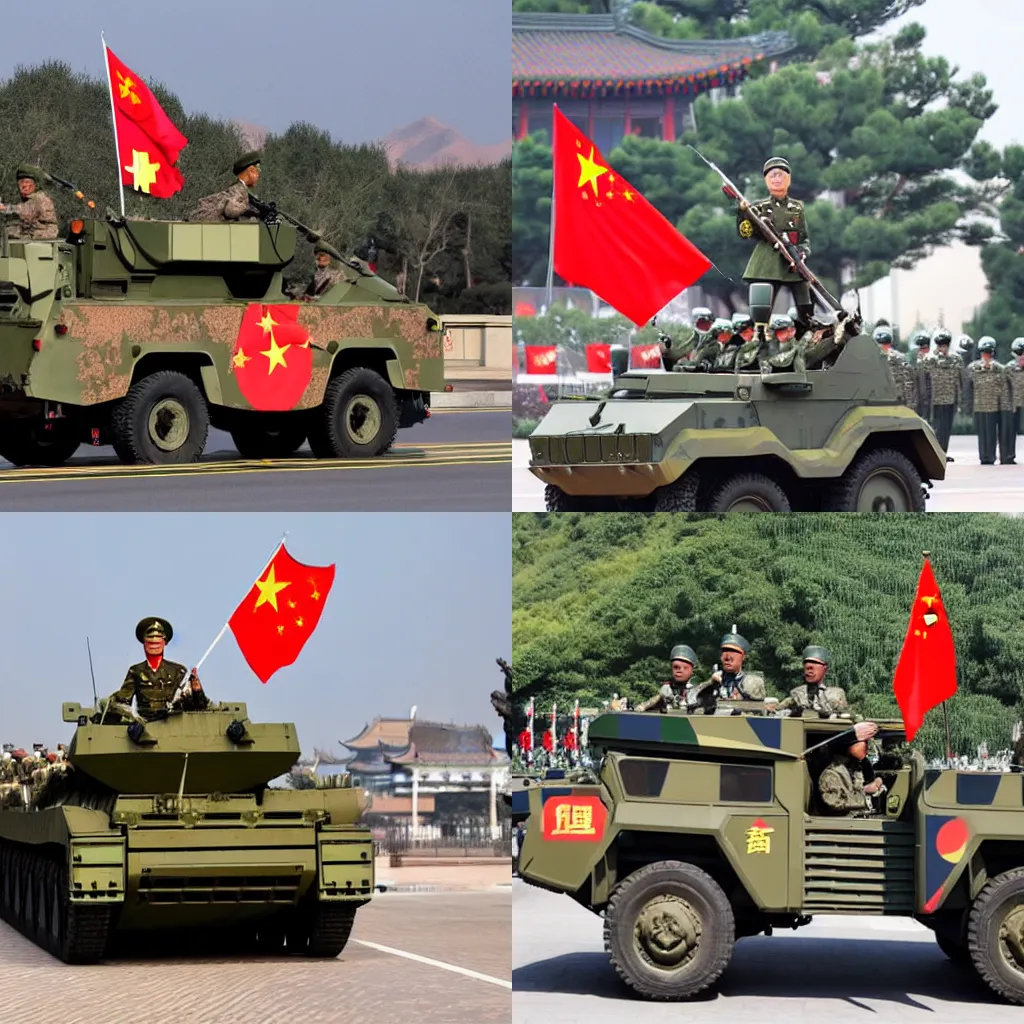 Prompt: a chinese soldier on a military vehicle waving the chinese flag