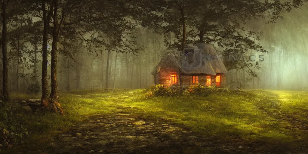 Prompt: a painting of a cottage in the woods and empty woods, 8k, fantasy, hyper realistic, dramatic lighting, cinematic