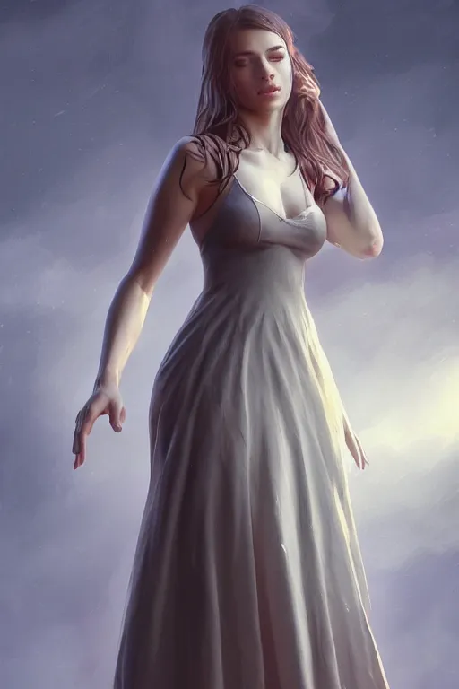 Image similar to full body photo of a gorgeous young woman wearing a dress in the style of stefan kostic, realistic, sharp focus, 8k high definition, insanely detailed, cinematic lighting, concept art intricate, elegant, art by stanley lau and artgerm