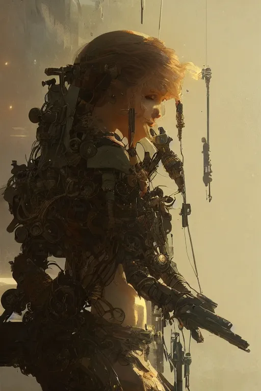 Image similar to A full portrait of a beautiful post apocalyptic offworld technomuse, intricate, elegant, highly detailed, digital painting, artstation, concept art, smooth, sharp focus, illustration, art by Krenz Cushart and Artem Demura and alphonse mucha