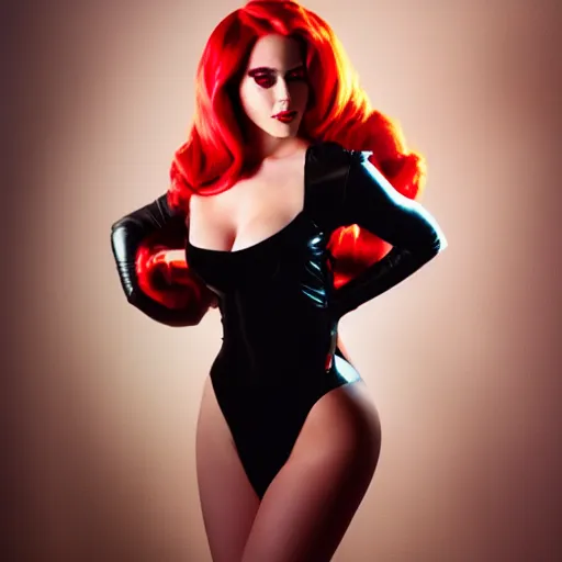 Image similar to Jessica Rabbit cosplay by Emma Watson, 8k, professional photography, cinematic studio shot, dark, smoke