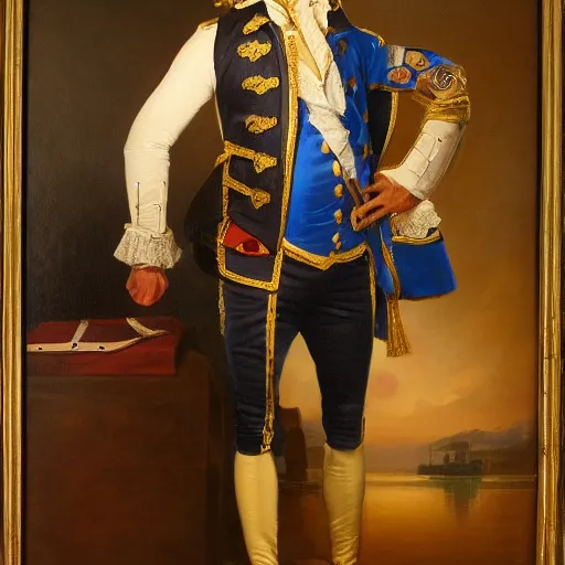 Image similar to official portrait of the los angeles lakers dictator, 1 7 8 0, in full lakers military garb. oil on canvas by william sidney mount, oil on canvas, octane render