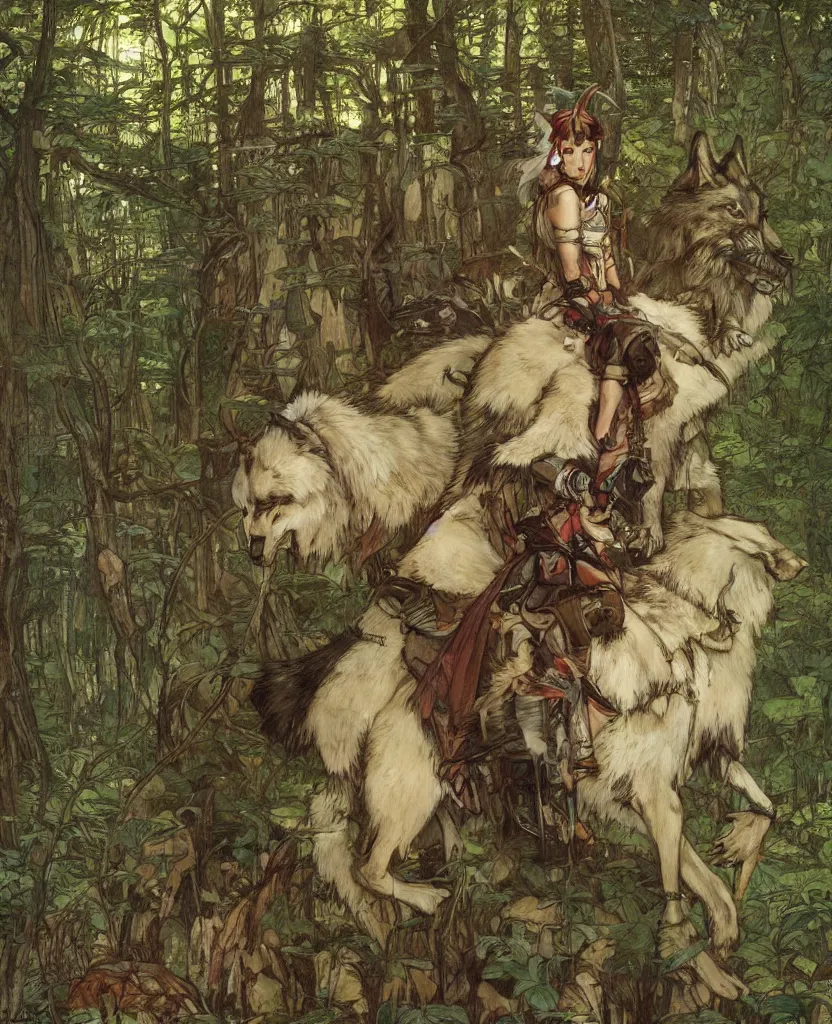 Prompt: portrait of Princess Mononoke, wolves, fully clothed in armor, lush forest, neon, concept art, schematics, painted by norman rockwell, mucha, james gurney, high detail, denoised, sharp, architectural