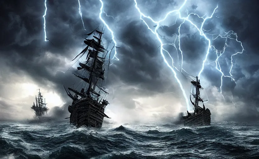 Image similar to “ a pirate ship in a treacherous lightning storm being attacked by a colossal seamonster, by igor morski, by peter morbacher, by robert hubert, rendered in octane, 8 k resolution, photorealistic, realistic shadows, trending on artstation ”