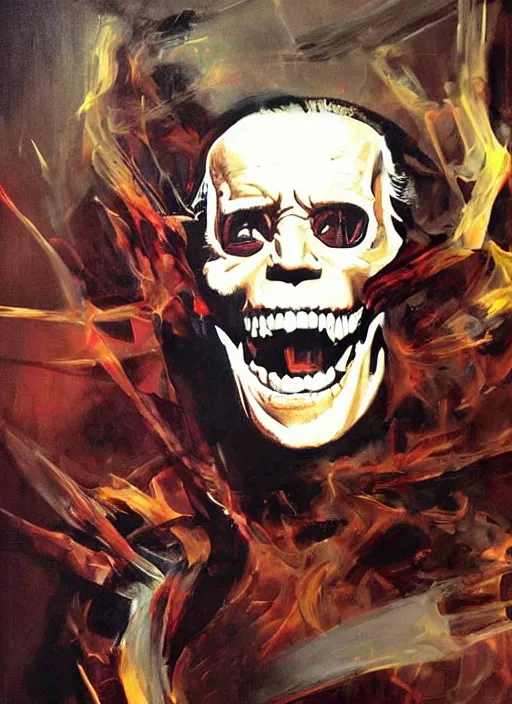 Image similar to joe biden satan, skeleton, libtard scary, painting by phil hale, fransico goya,'action lines '!!!, graphic style, visible brushstrokes, motion blur, blurry, visible paint texture, crisp hd image