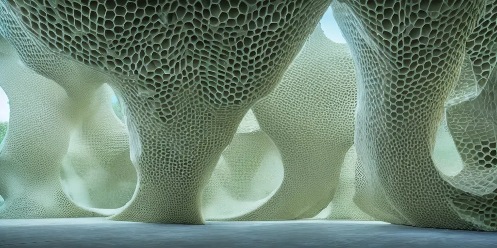 Prompt: biomorphic honeycomb building by ernesto neto, light - mint with light - pink color, 4 k, insanely quality, highly detailed, film still from the movie directed by denis villeneuve with art direction by zdzisław beksinski, telephoto lens, shallow depth of field