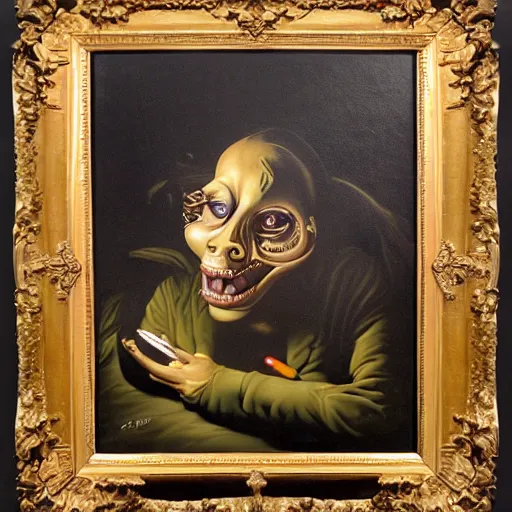 Image similar to oil painting with black background by christian rex van dali todd schorr of a chiaroscuro portrait of an extremely bizarre disturbing mutated man with acne intense chiaroscuro obscuring features lighting perfect composition masterpiece