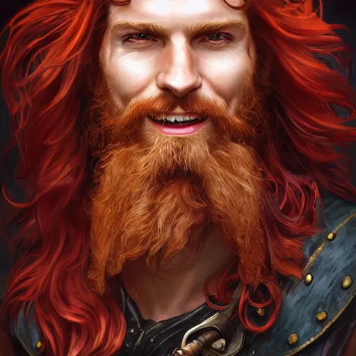 Image similar to portrait of a young ruggedly handsome but joyful pirate, male, masculine, upper body, red hair, long hair, d & d, fantasy, joyful smirk, intricate, elegant, highly detailed, digital painting, artstation, concept art, matte, sharp focus, illustration, crimson hair, art by artgerm and greg rutkowski and alphonse mucha