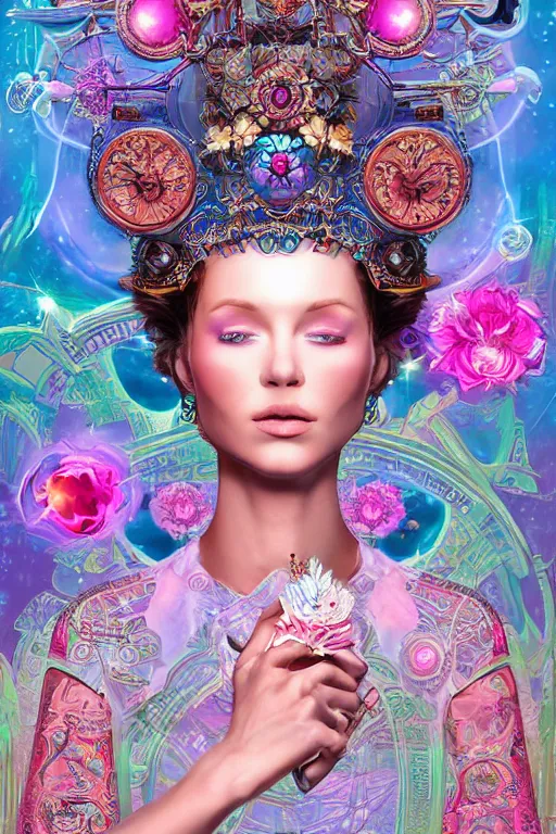 Prompt: opalescent retrofuturistic digital airbrush illustration of an explorer wearing an ornate gpu headpiece and holding a flower with a map of the collective subconscious in the background by luigi patrignani