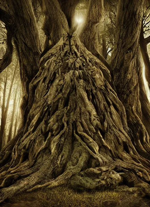 Prompt: a digital 3 d hyperrealistic hyperdetailed ancient tree with an old woman kind face covered with bark and moss, in a dark mysterious dark forest, dramatic mysterious lighting,