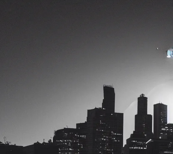 Image similar to a silhouette of a city skyline, giant moon behind city, centered, bleak, long shot, moon is centered