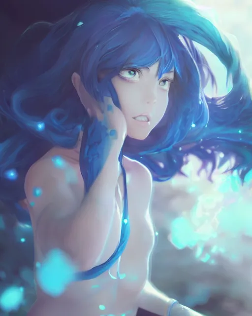 Image similar to a blue slime monster girl, full shot, atmospheric lighting, detailed face, by makoto shinkai, stanley artgerm lau, wlop, rossdraws