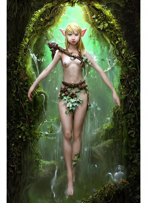 Image similar to beautiful full body portrait of the legend of zelda great fairy fountain, her body wrapped with ivy vines and flowers, dark fantasy esoteric, d & d, fantasy, cinematic lighting, intricate, elegant, highly detailed, digital painting, artstation, concept art, matte, sharp focus, illustration, art by artgerm and tom bagshaw and greg rutkowski and alphonse mucha