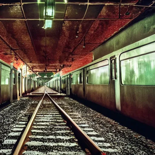 Image similar to A train station platform in the Upside Down from Stranger Things, spooky, vines everywhere, horror movie atmosphere, film still from Stranger Things