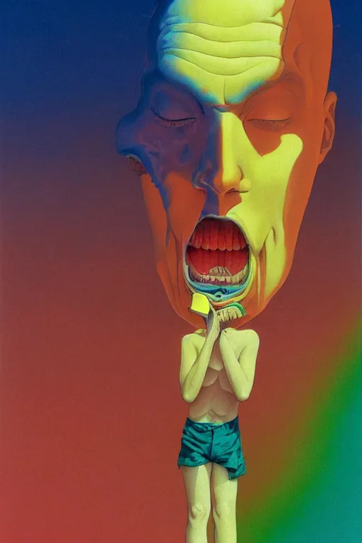 Prompt: a colorful vibrant closeup portrait of a simple half human half alien licking a tab of LSD acid on his tongue and dreaming psychedelic hallucinations, by kawase hasui, moebius, Edward Hopper and James Gilleard, Zdzislaw Beksinski, Steven Outram colorful flat surreal design, hd, 8k, artstation