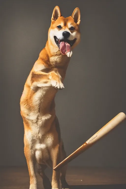 Image similar to 📷 shiba _ inu wielding baseball _ bat, canine photography, dramatic shot, very detailed, 4 k ✨