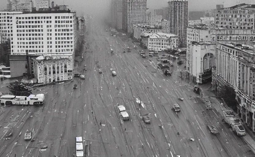 Image similar to high quality 2000s historic footage of soviet boulevard with stanilist style high rise and pedestrians, aerial photo drone, Cinestill 800t 18mm, heavy grainy picture, very detailed, high quality, 4k panoramic, billboards and streetlight at night, rain, mud, foggy