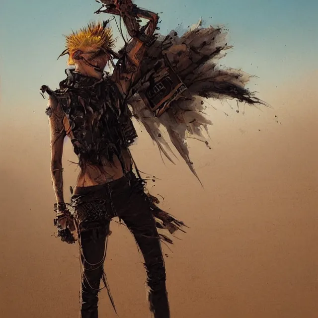 Prompt: a painting of a punk rocker in the desert by greg rutkowski, dark fantasy art, high detail, trending on artstation