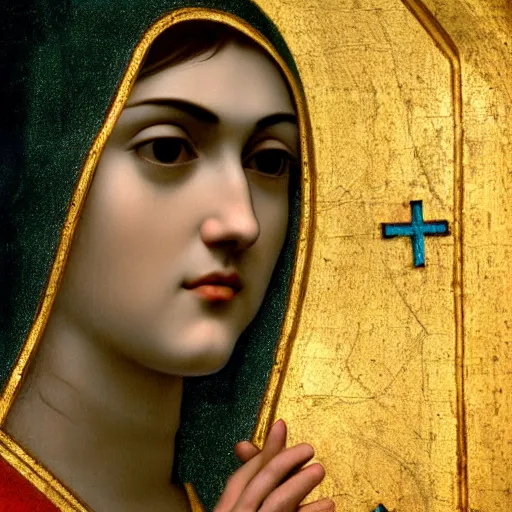 Image similar to sasha grey as the virgin mary, religious iconography, high detailed, 4 k, octane render, leonardo davinci