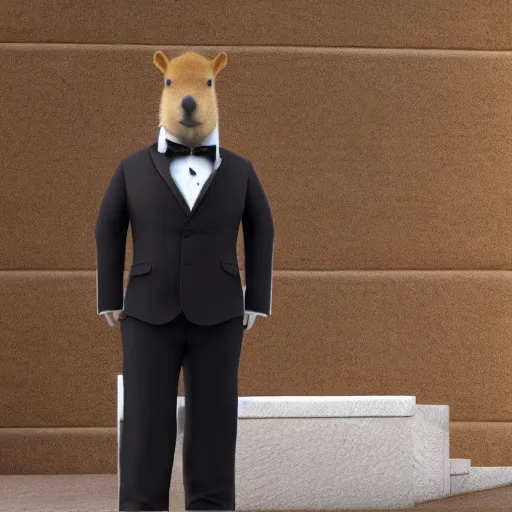 Prompt: an anthro capybara wearing a tuxedo suit, photorealistic, 4K, award-winning