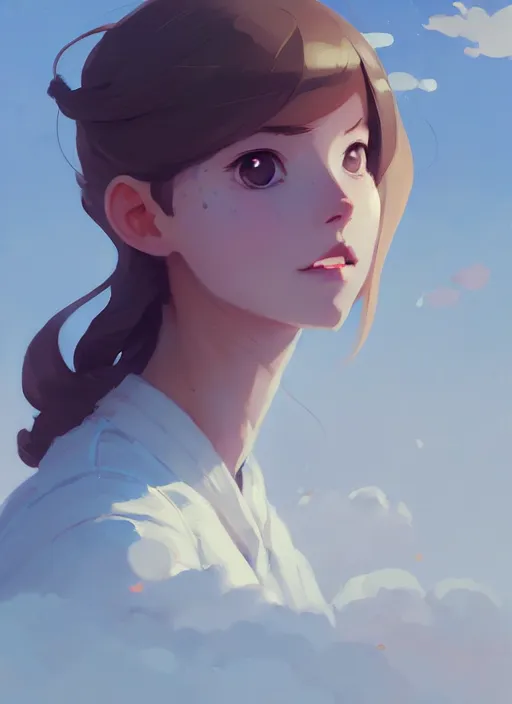 Image similar to portrait of cute maiden girl, cloud sky background, by atey ghailan, by greg rutkowski, by greg tocchini, by james gilleard, by joe gb fenton, by kaethe butcher, dynamic lighting, gradient light blue, brown, blonde cream and white color in scheme, grunge aesthetic