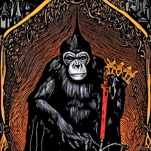 Image similar to gothic, nosferatu somber, hyperdetailed by dan mumford. a computer art that features a chimpanzee surrounded by a castle turret. the chimp is shown wearing a crown & holding a scepter, & the castle is adorned with banners.