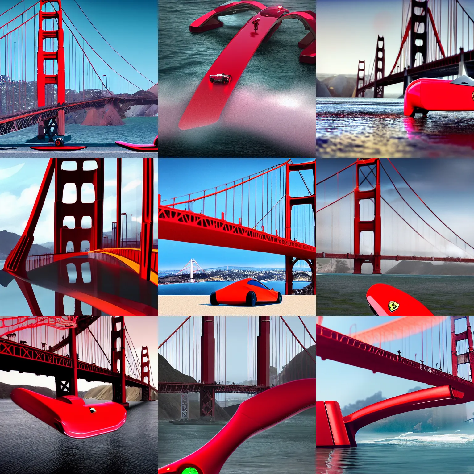 Prompt: concpet art featuring a futuristic red hoverboard in the style of a ferrari at golden gate park. bridge in background. fine detail. surf. this 4 k hd image is trending on artstation, featured on behance, well - rendered, extra crisp, features intricate detail, epic composition and the style of unreal engine.