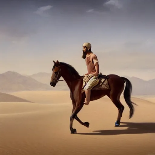 Image similar to jesus christ, riding a horse in the desert, oil paint by alyssa monks, greg rutkowski, cinematic, canon