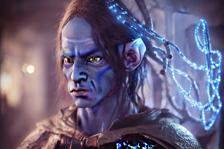 Image similar to an ultra realistic, cinematic, fantasy, portrait, of an evil blue skinned elf, elden ring, fairy lights, facial features, stood in a supermarket, with victorian clothing, detailed, deep focus, movie still, dramatic lighting, ray tracing, by michal karcz and yoshitaka amano