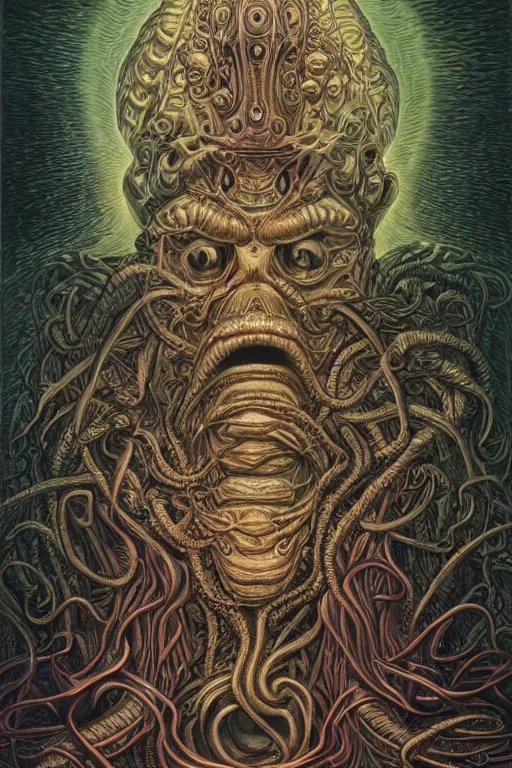 Image similar to highly detailed portrait of cthulu by alex grey, patrick woodroffe, mark ryden created by gustave dore and greg rutkowski, high detailed, smooth draw, synthwave neon retro, intricate, realistic proportions, dramatic lighting, trending on artstation